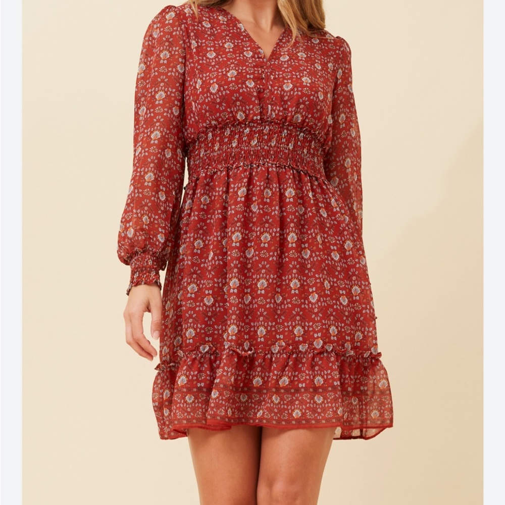 Max Studio Mini Dress Size M Long Sleeve Deep V-neck Ruffle Ruched Boho Feminine